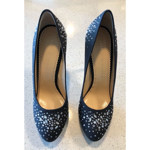 Charlotte Olympia Black Linen Bejeweled stiletto 9 - Picture 2 of 8